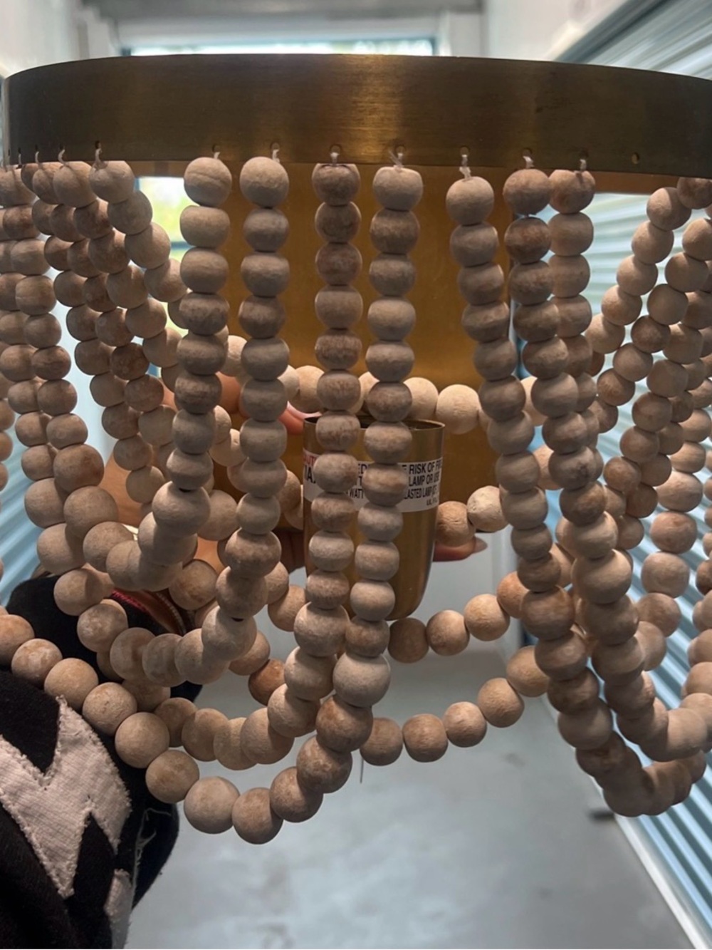 Cost Plus World Market Cream Wooden Bead Pendant Light with Gold Frame